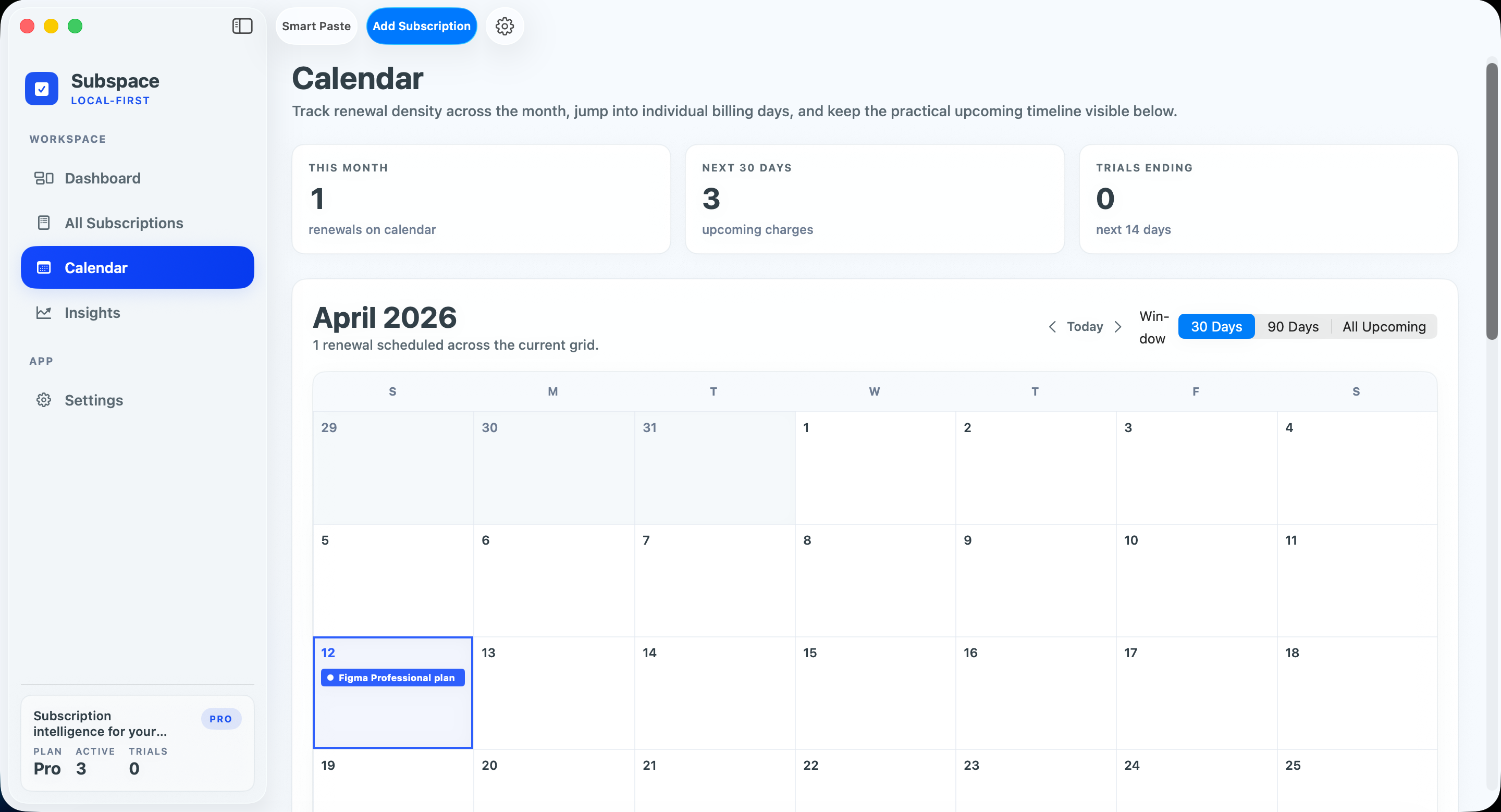Subspace calendar view showing renewal density across the month and upcoming billing details.