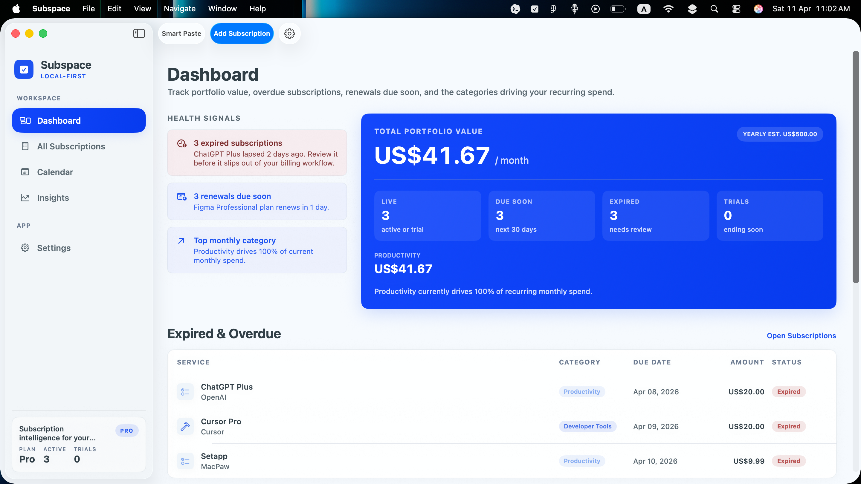 Subspace dashboard showing portfolio value, expired subscriptions, renewals due soon, and active subscription health.