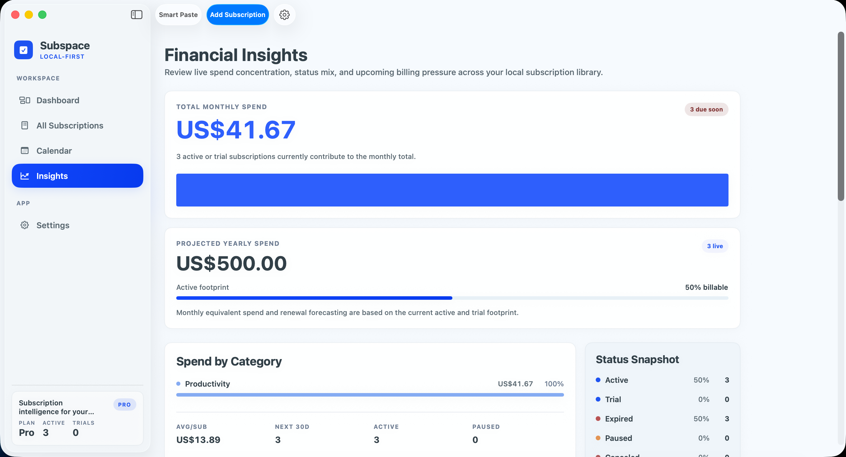 Subspace insights view summarizing spend patterns and subscription intelligence.