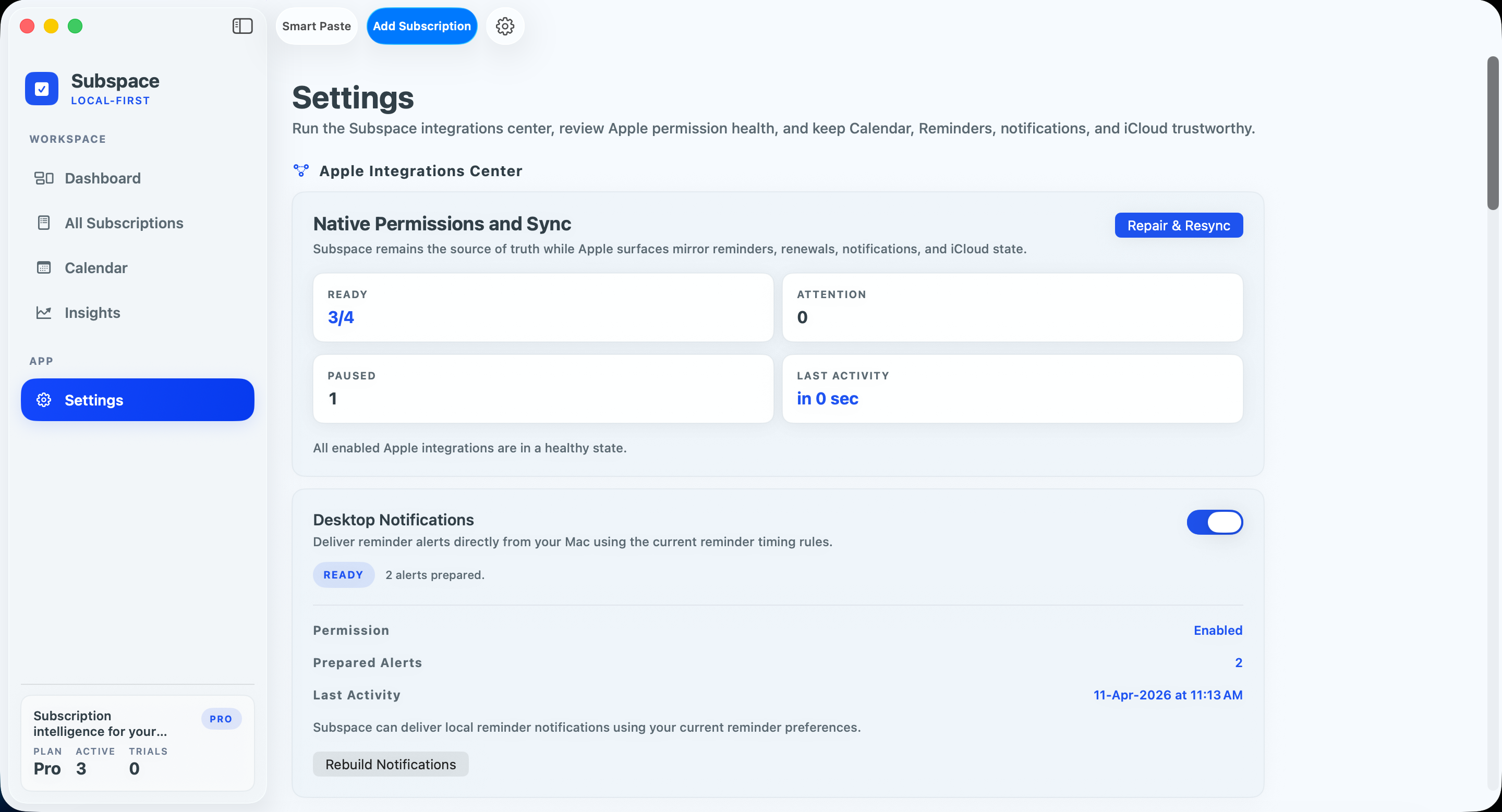 Subspace settings and integrations center for iCloud, Calendar, Reminders, notifications, and Pro status.