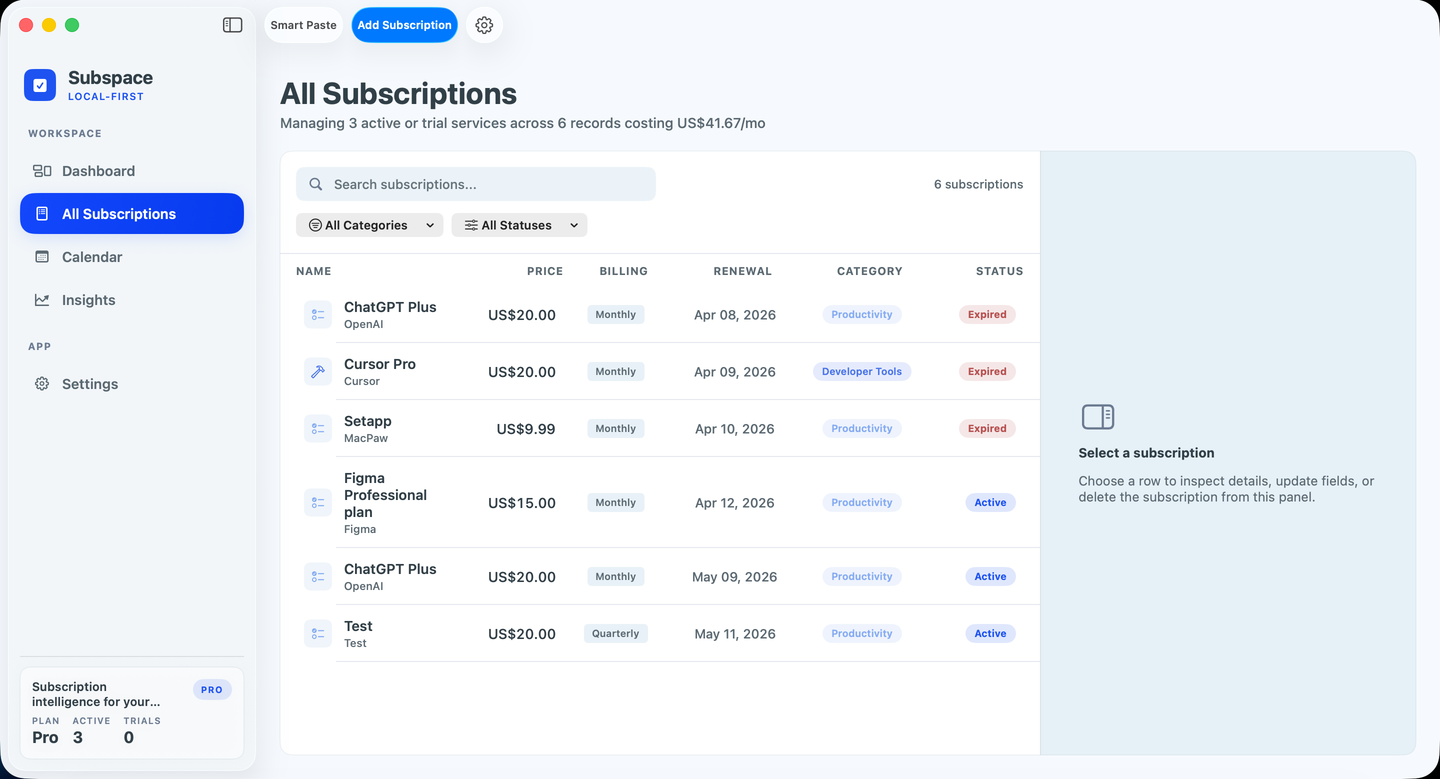 Subspace all subscriptions list with prices, billing cycle, renewal dates, categories, and status.