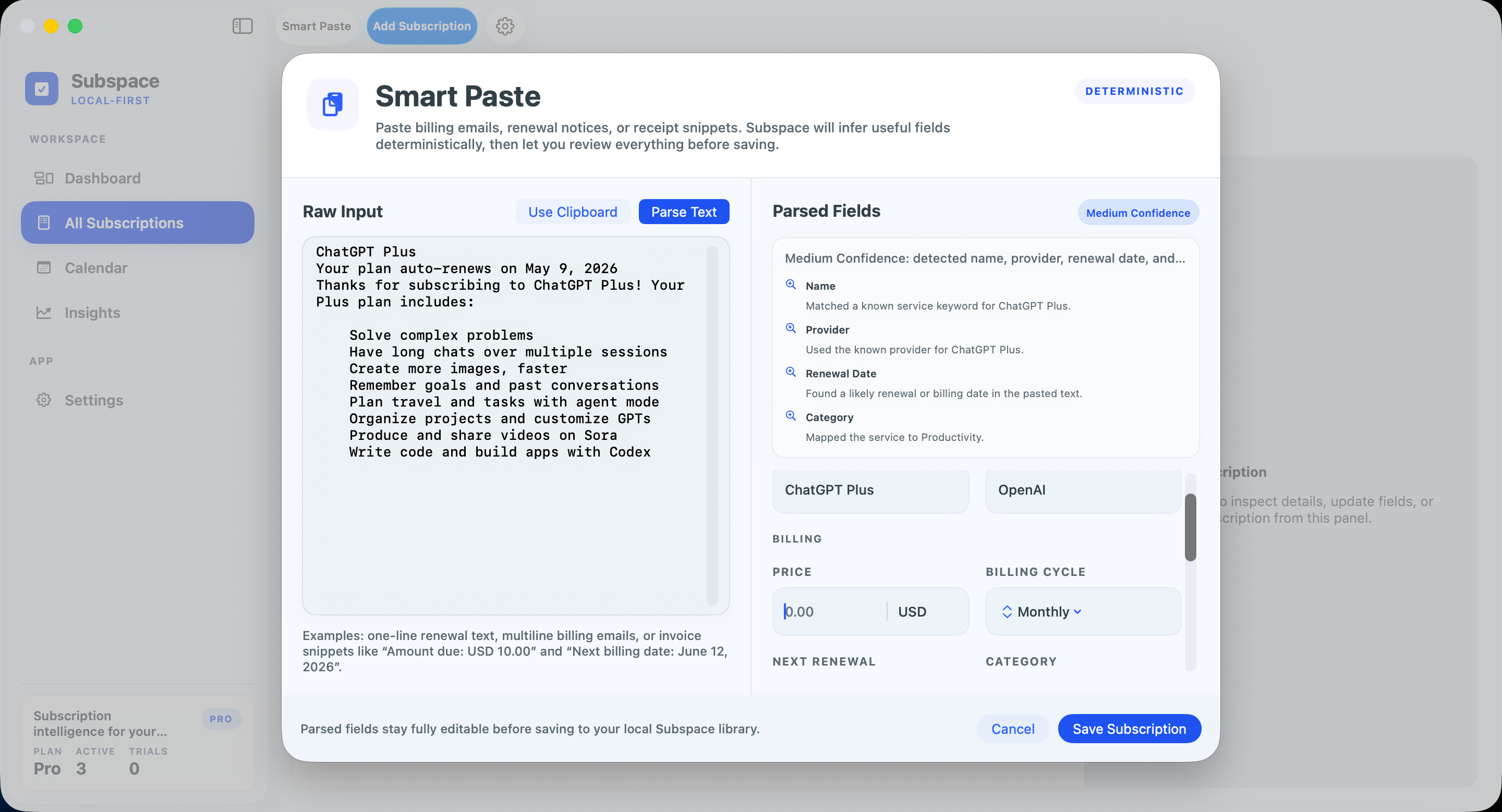Subspace Smart Paste modal parsing subscription text into editable fields before saving.